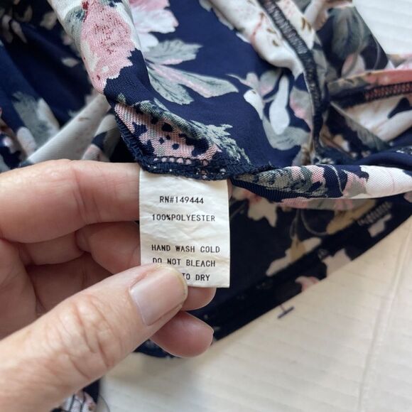 Womens Babydoll Top XL Floral V Neck Button Up Stretch Roll Tab Tunic Semi Sheer - Picture 11 of 12